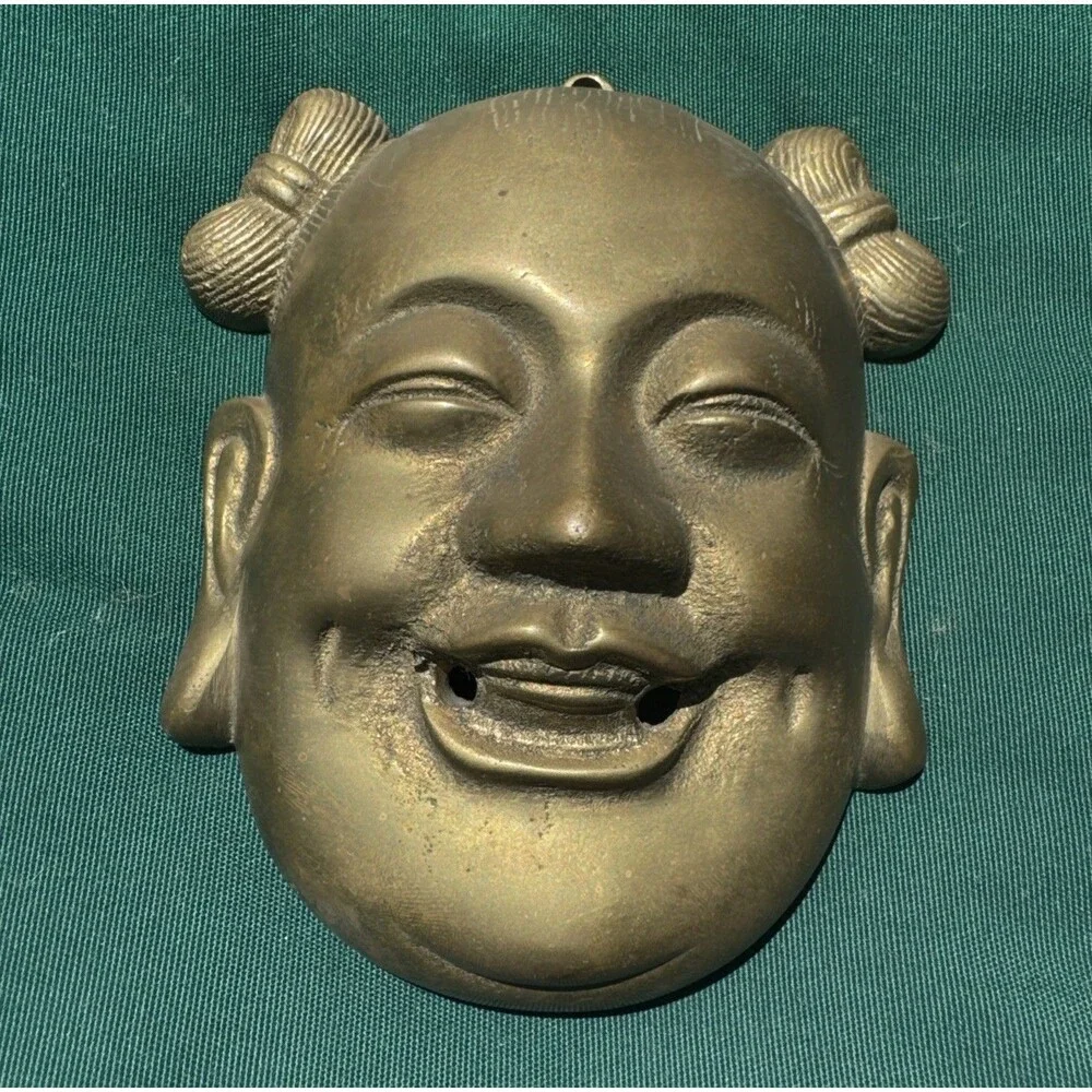 Vintage Brass Laughing Buddha Wall Mask Budai Hong Kong Decor 6